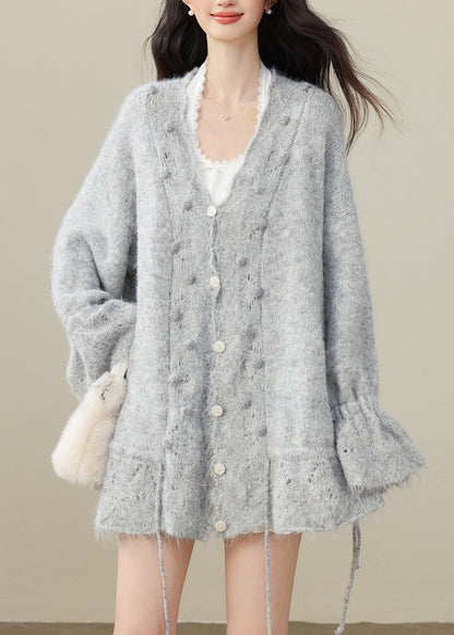 Elegant Grey Fuzzy Ball Decorated Drawstring Knit Cardigan Winter