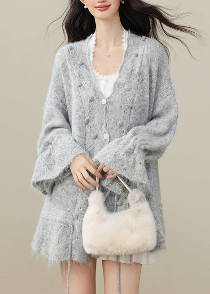 Elegant Grey Fuzzy Ball Decorated Drawstring Knit Cardigan Winter