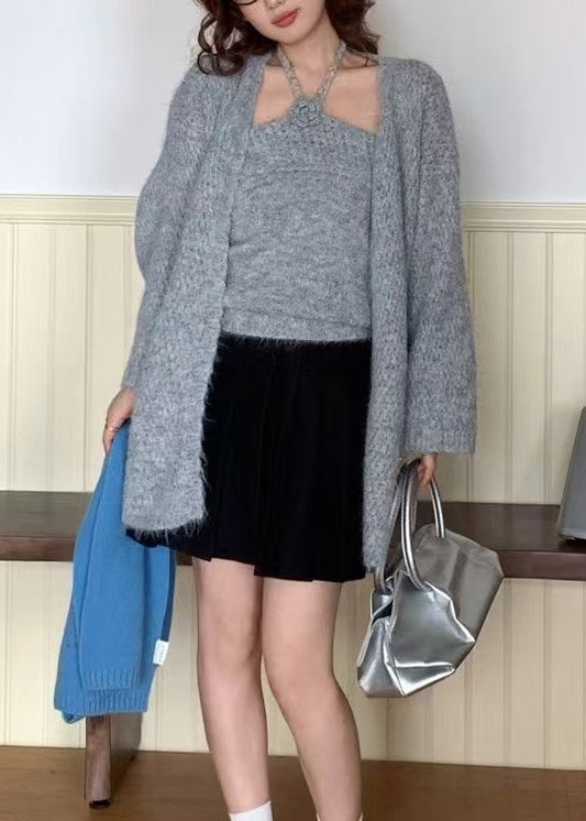 Elegant Grey Halter Floral Knit Cardigan Two Pieces Set Winter
