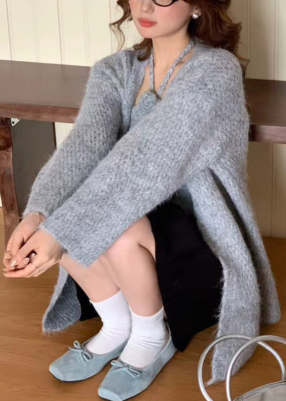 Elegant Grey Halter Floral Knit Cardigan Two Pieces Set Winter