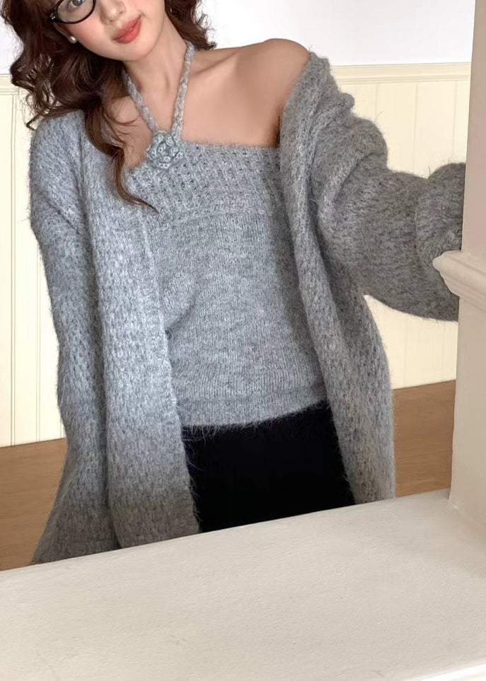 Elegant Grey Halter Floral Knit Cardigan Two Pieces Set Winter