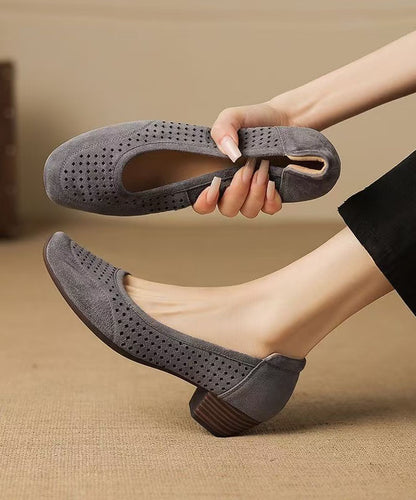 Elegant Grey Hollow Out Splicing Suede Chunky Shoes