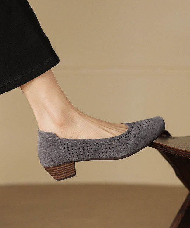 Elegant Grey Hollow Out Splicing Suede Chunky Shoes