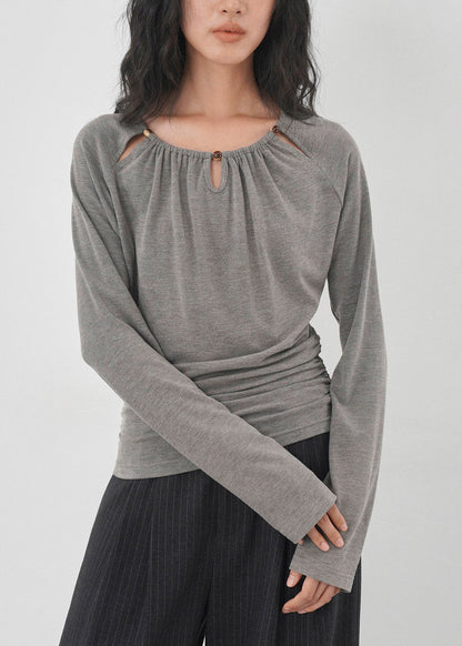 Elegant Grey Hollow Out Wrinkled Cotton Shirts Fall