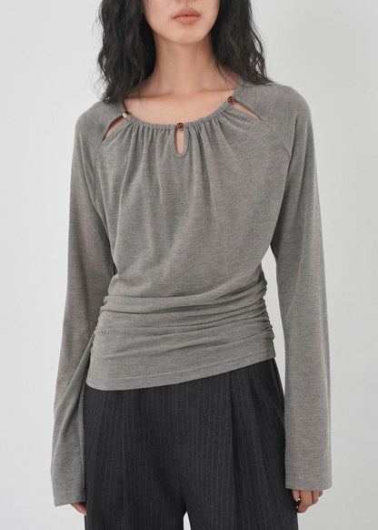 Elegant Grey Hollow Out Wrinkled Cotton Shirts Fall