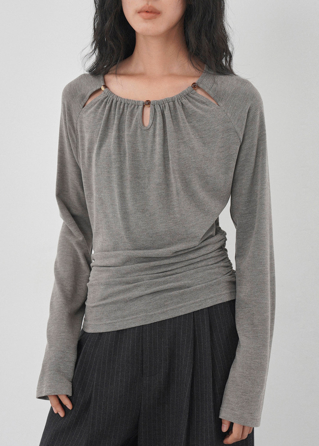 Elegant Grey Hollow Out Wrinkled Cotton Shirts Fall