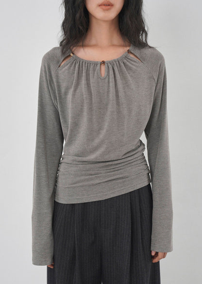 Elegant Grey Hollow Out Wrinkled Cotton Shirts Fall