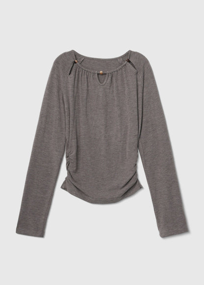 Elegant Grey Hollow Out Wrinkled Cotton Shirts Fall
