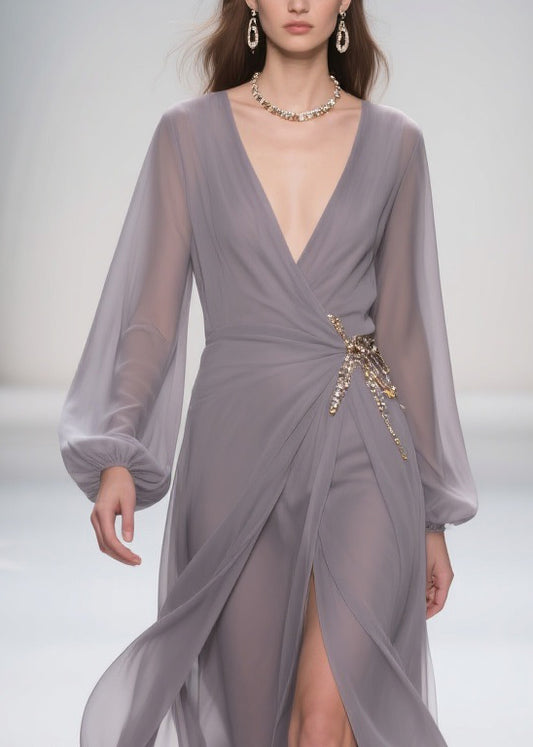 Elegant Grey Lace Up Front Open Chiffon Long Dress Spring