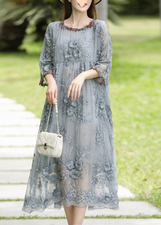 Elegant Grey O-Neck Embroidered Silk Long Dresses Bracelet Sleeve