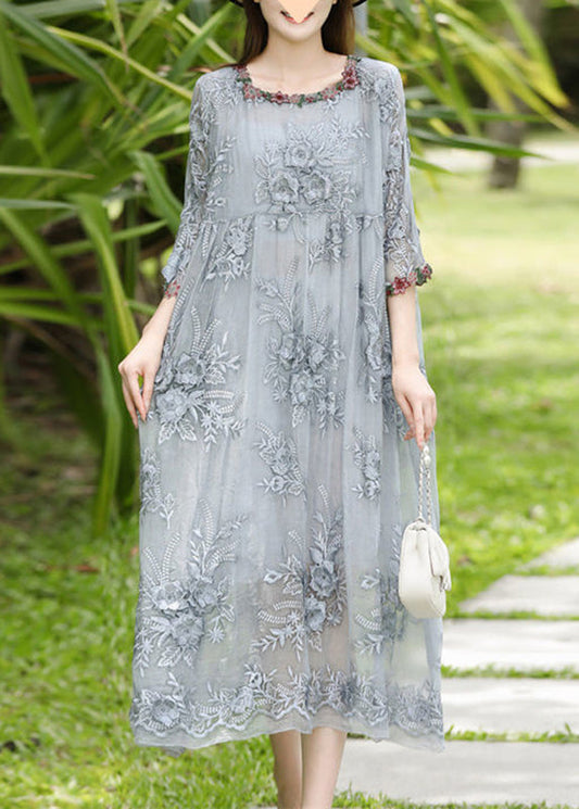 Elegant Grey O-Neck Embroidered Silk Long Dresses Bracelet Sleeve