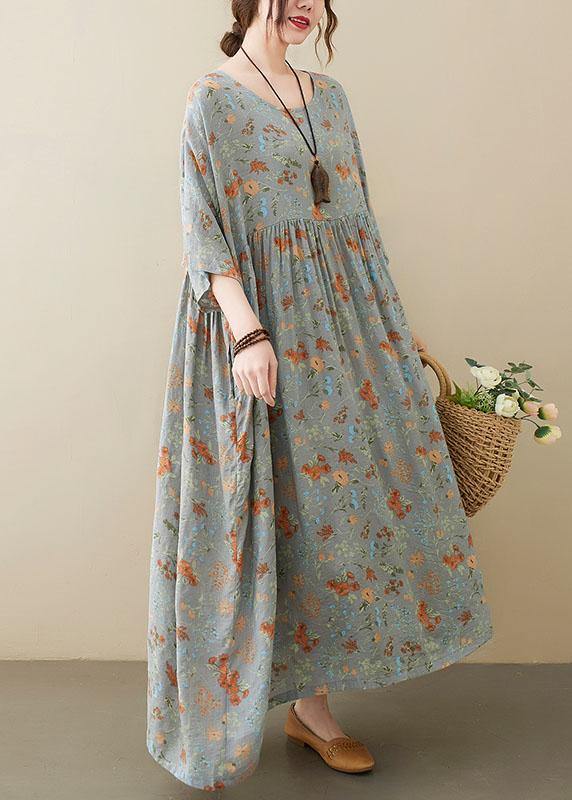 Elegant Grey O-Neck Patchwork Print Half Sleeve Summer Long Dress - SooLinen