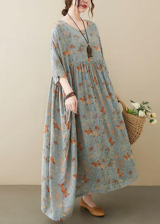 Elegant Grey O-Neck Patchwork Print Half Sleeve Summer Long Dress - SooLinen