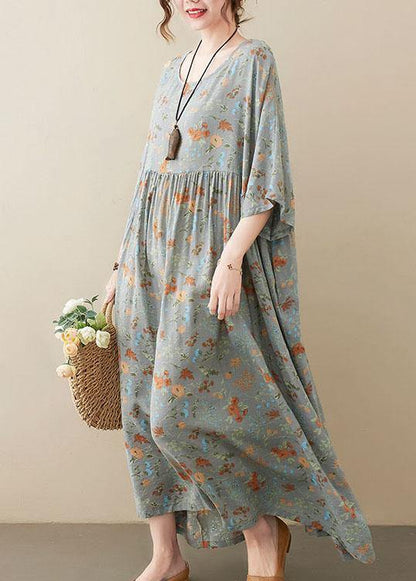 Elegant Grey O-Neck Patchwork Print Half Sleeve Summer Long Dress - SooLinen