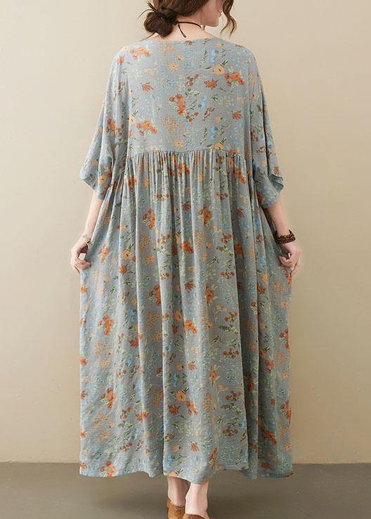 Elegant Grey O-Neck Patchwork Print Half Sleeve Summer Long Dress - SooLinen