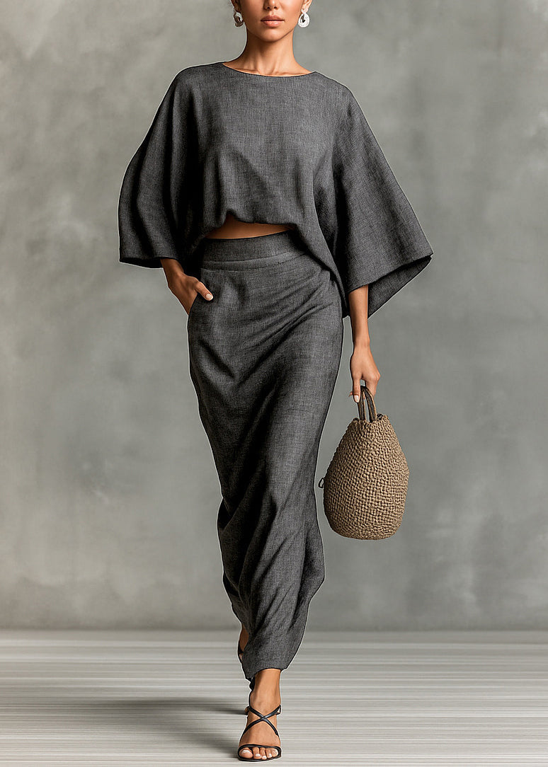 Elegant Grey Oversized Linen Two Pieces Set Batwing Sleeve