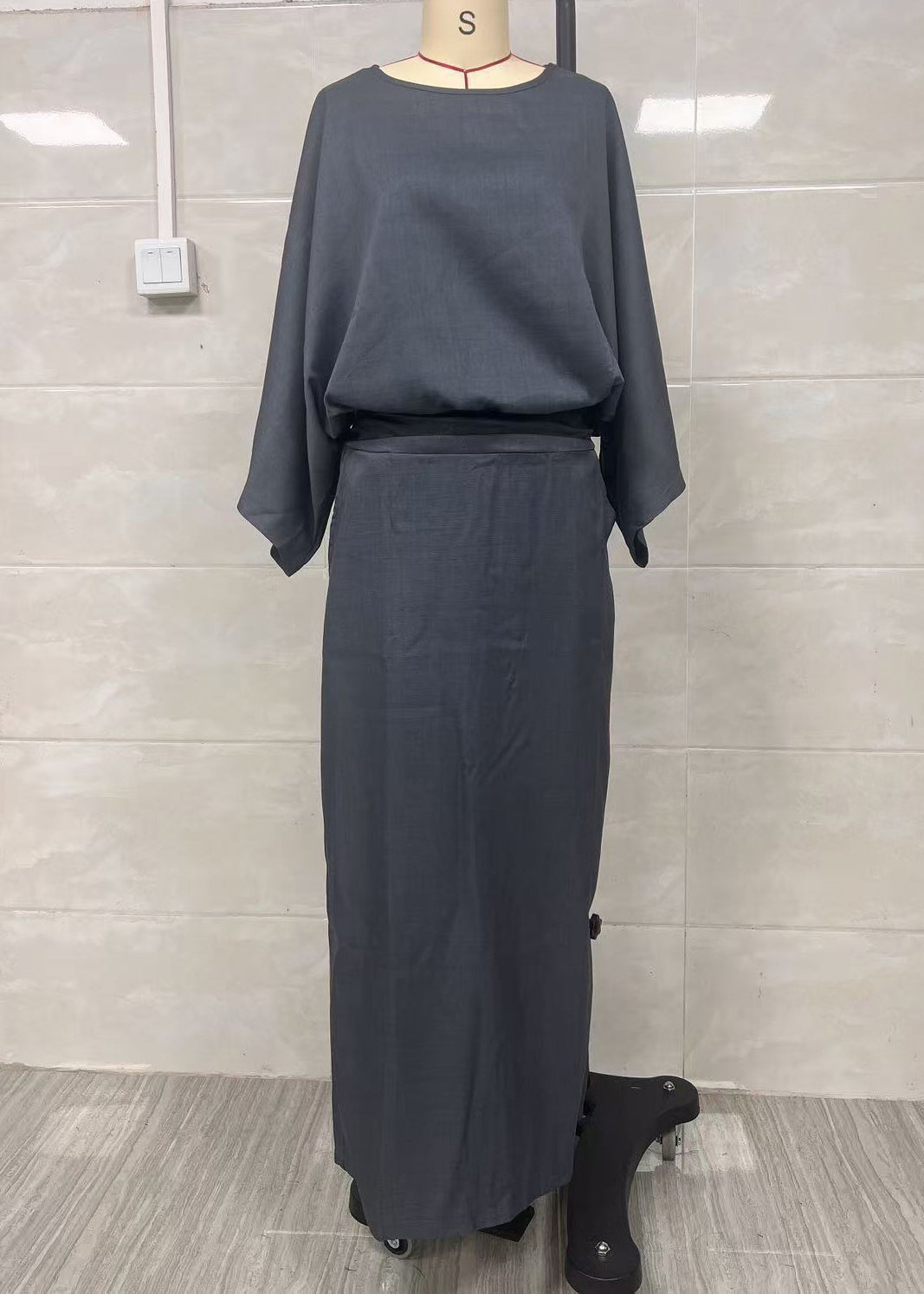 Elegant Grey Oversized Linen Two Pieces Set Batwing Sleeve