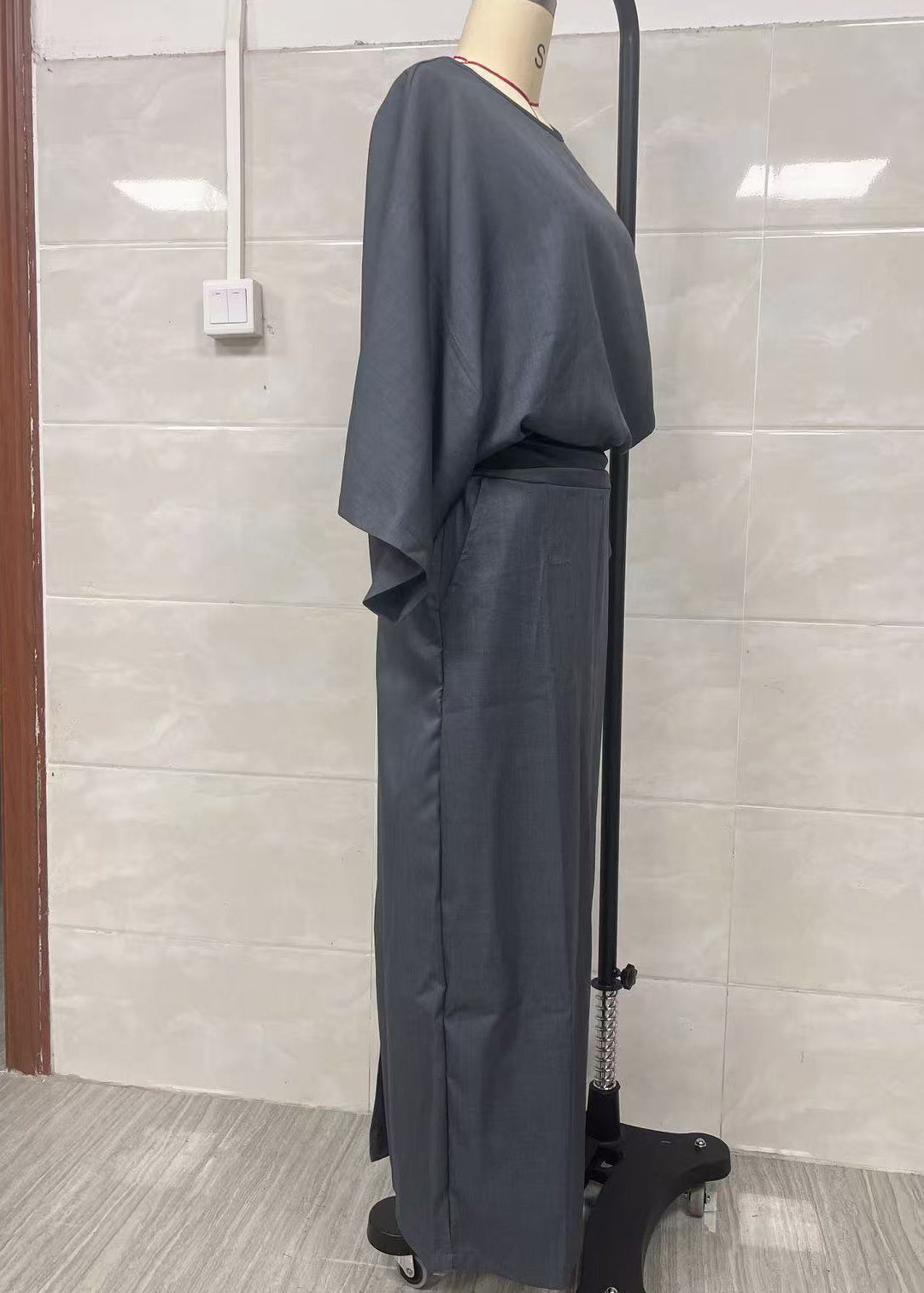 Elegant Grey Oversized Linen Two Pieces Set Batwing Sleeve