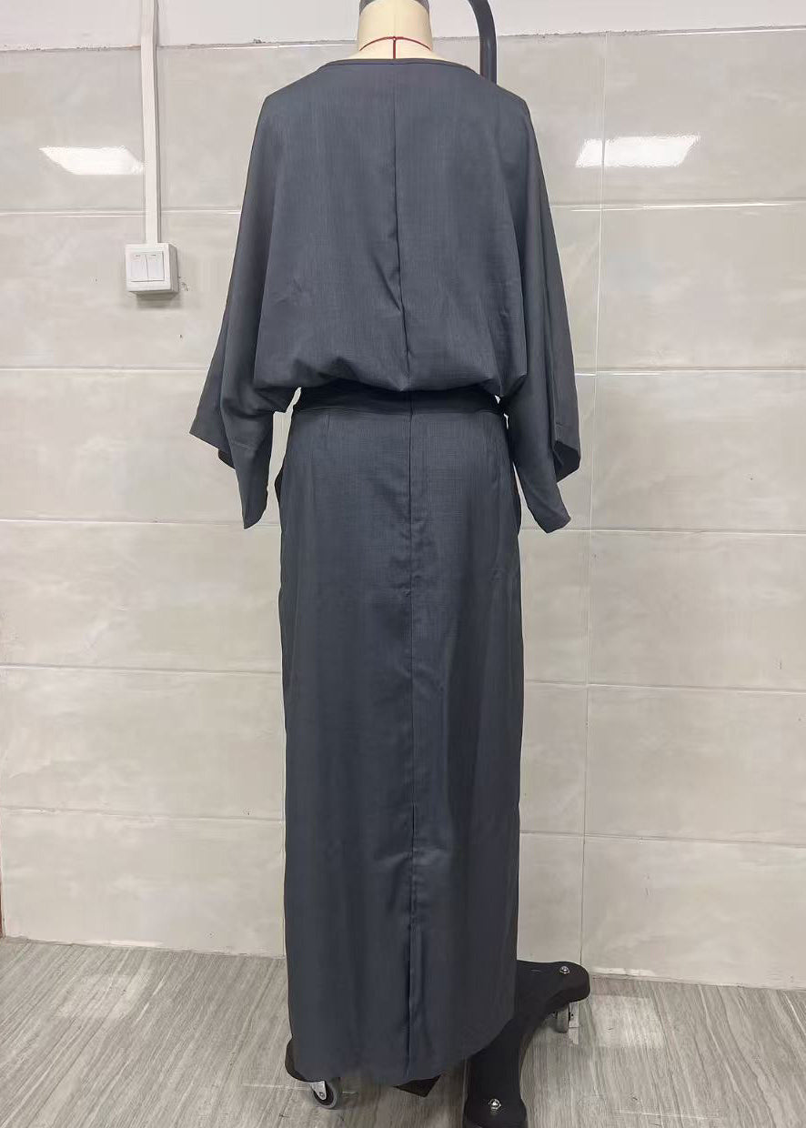 Elegant Grey Oversized Linen Two Pieces Set Batwing Sleeve