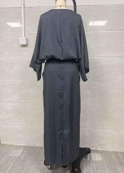 Elegant Grey Oversized Linen Two Pieces Set Batwing Sleeve