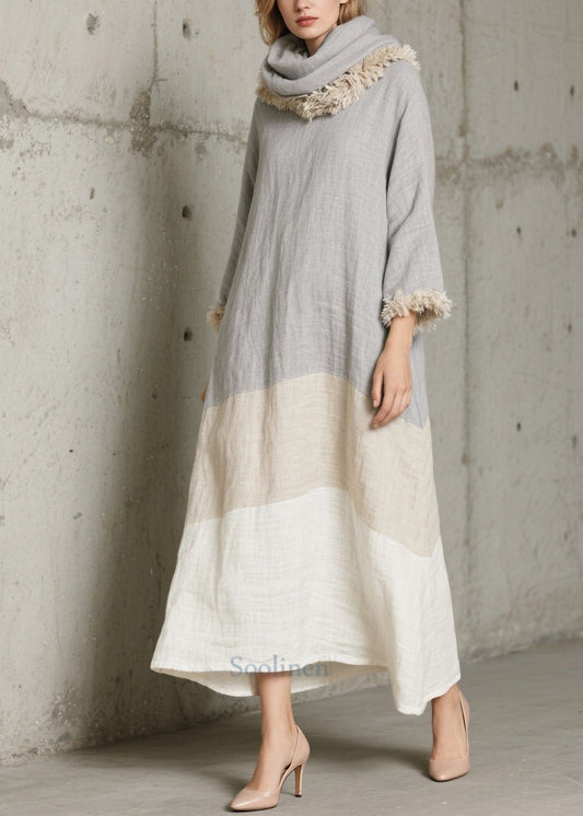 Elegant Grey Oversized Patchwork Faux Fur Long Dress Fall