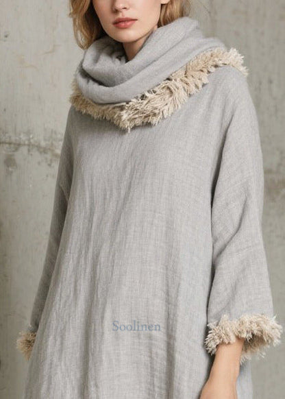 Elegant Grey Oversized Patchwork Faux Fur Long Dress Fall