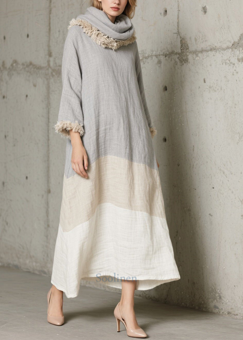 Elegant Grey Oversized Patchwork Faux Fur Long Dress Fall