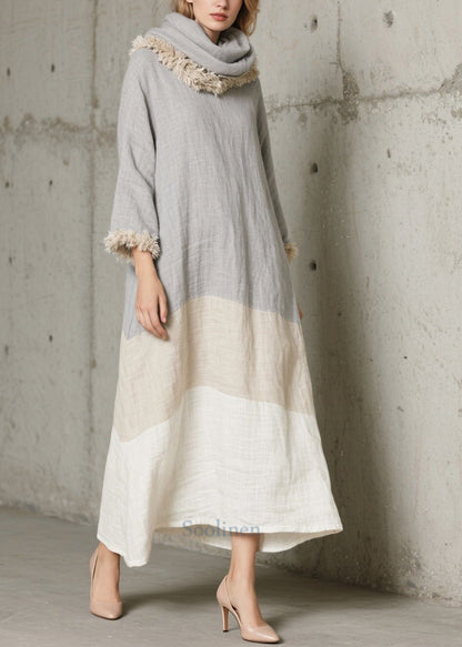 Elegant Grey Oversized Patchwork Faux Fur Long Dress Fall