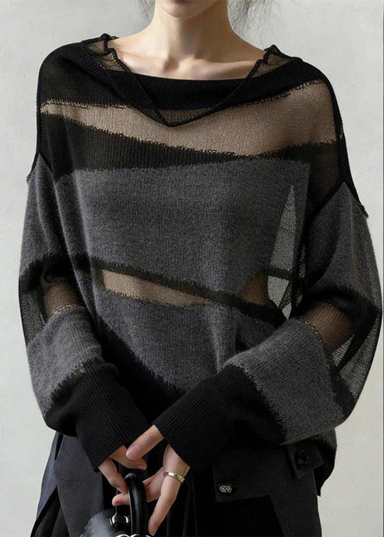 Elegant Grey Oversized Patchwork Knit Sheerr Pullover Fall