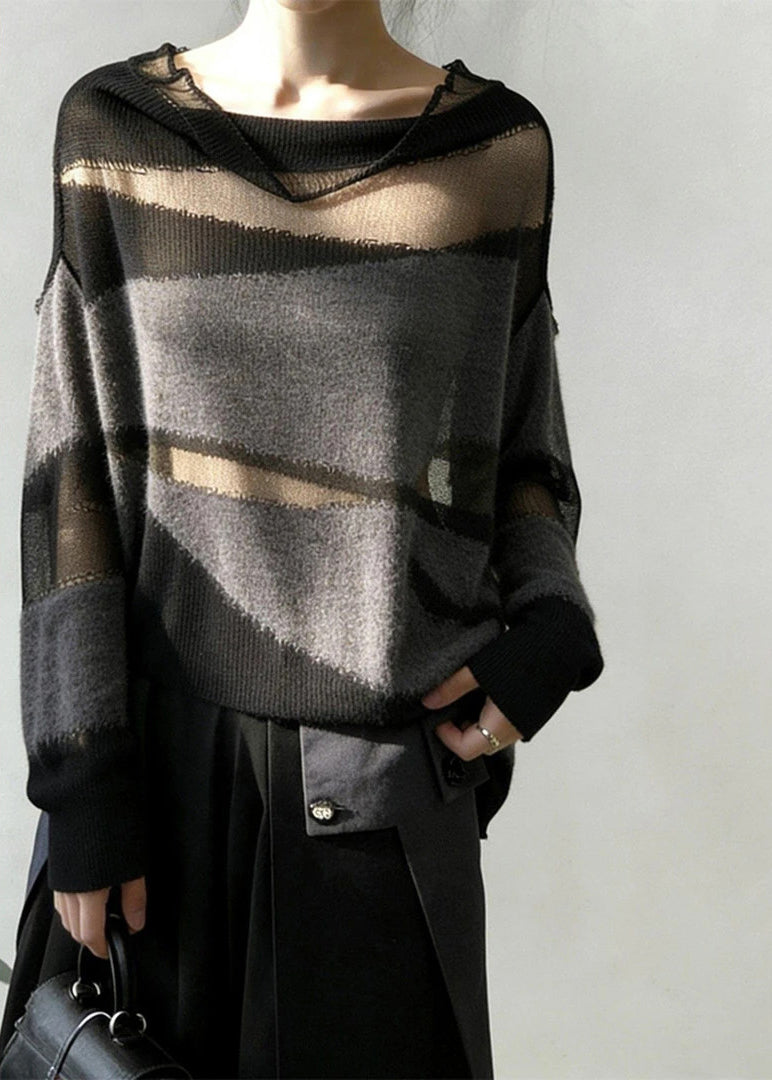 Elegant Grey Oversized Patchwork Knit Sheerr Pullover Fall