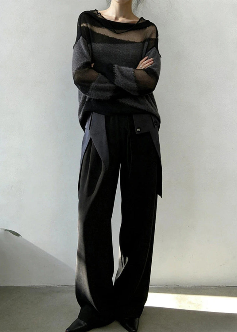 Elegant Grey Oversized Patchwork Knit Sheerr Pullover Fall