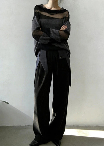 Elegant Grey Oversized Patchwork Knit Sheerr Pullover Fall