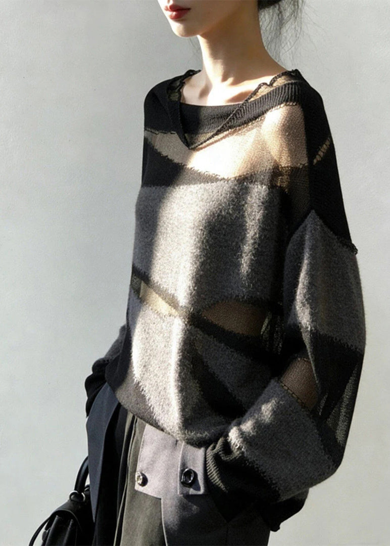 Elegant Grey Oversized Patchwork Knit Sheerr Pullover Fall