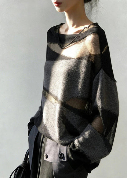 Elegant Grey Oversized Patchwork Knit Sheerr Pullover Fall
