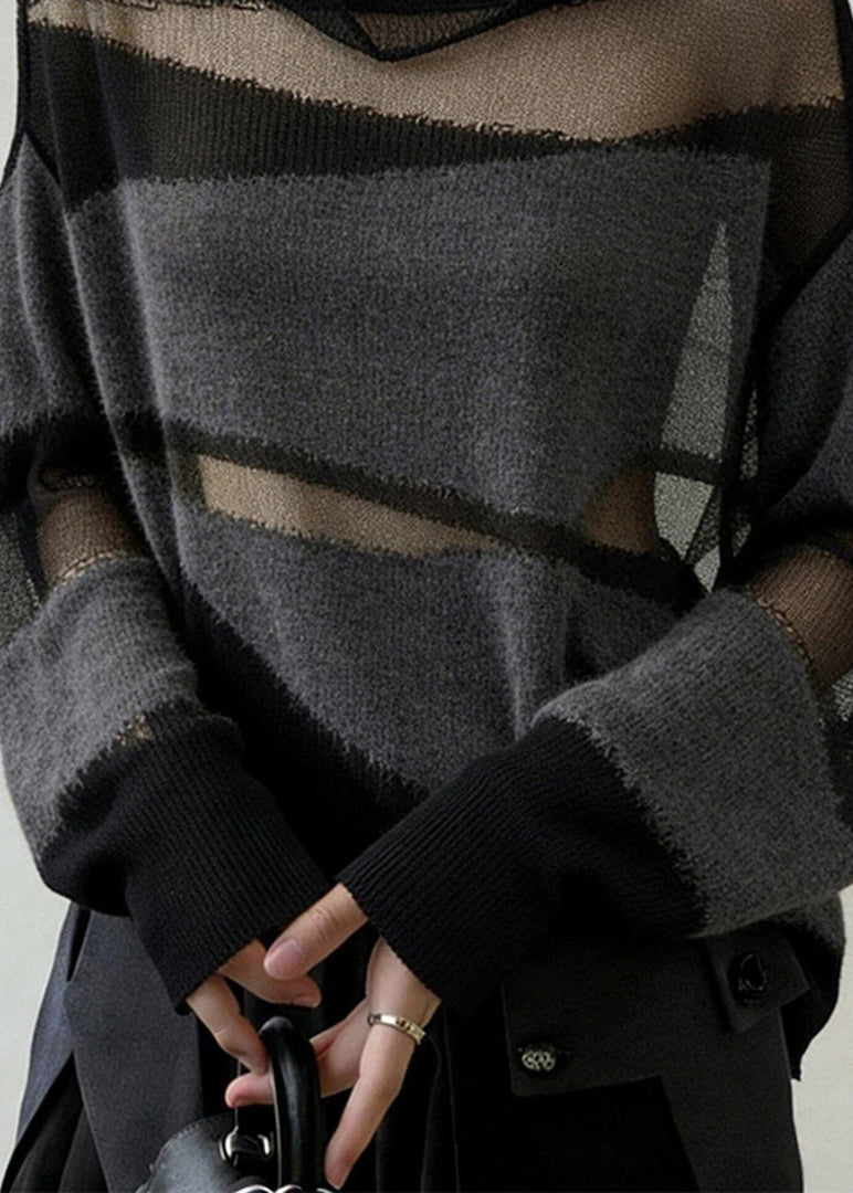 Elegant Grey Oversized Patchwork Knit Sheerr Pullover Fall