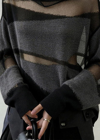 Elegant Grey Oversized Patchwork Knit Sheerr Pullover Fall