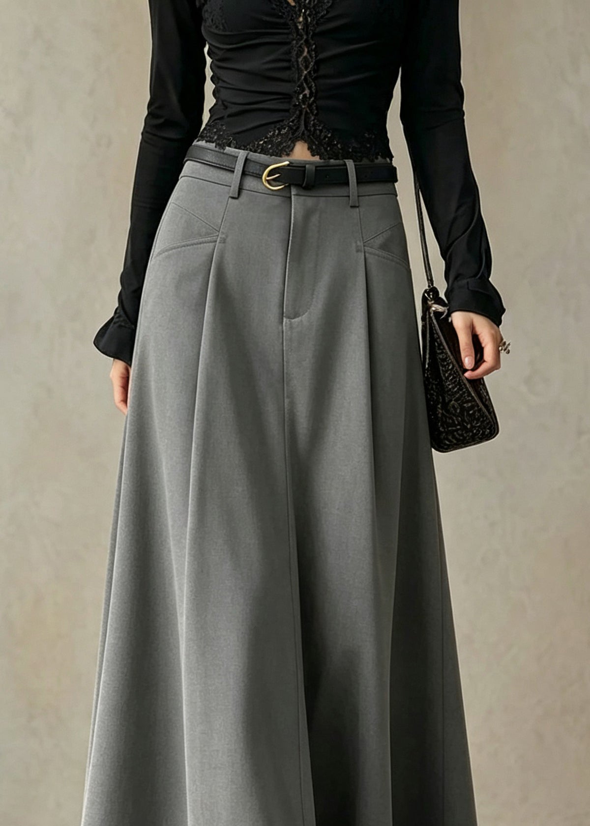 Elegant Grey Pockets Patchwork High Waist Cotton Skirt Fall