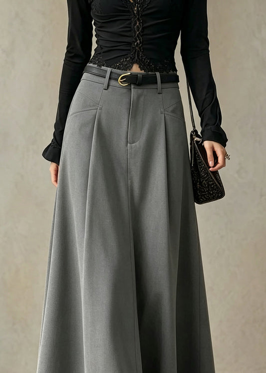 Elegant Grey Pockets Patchwork High Waist Cotton Skirt Fall