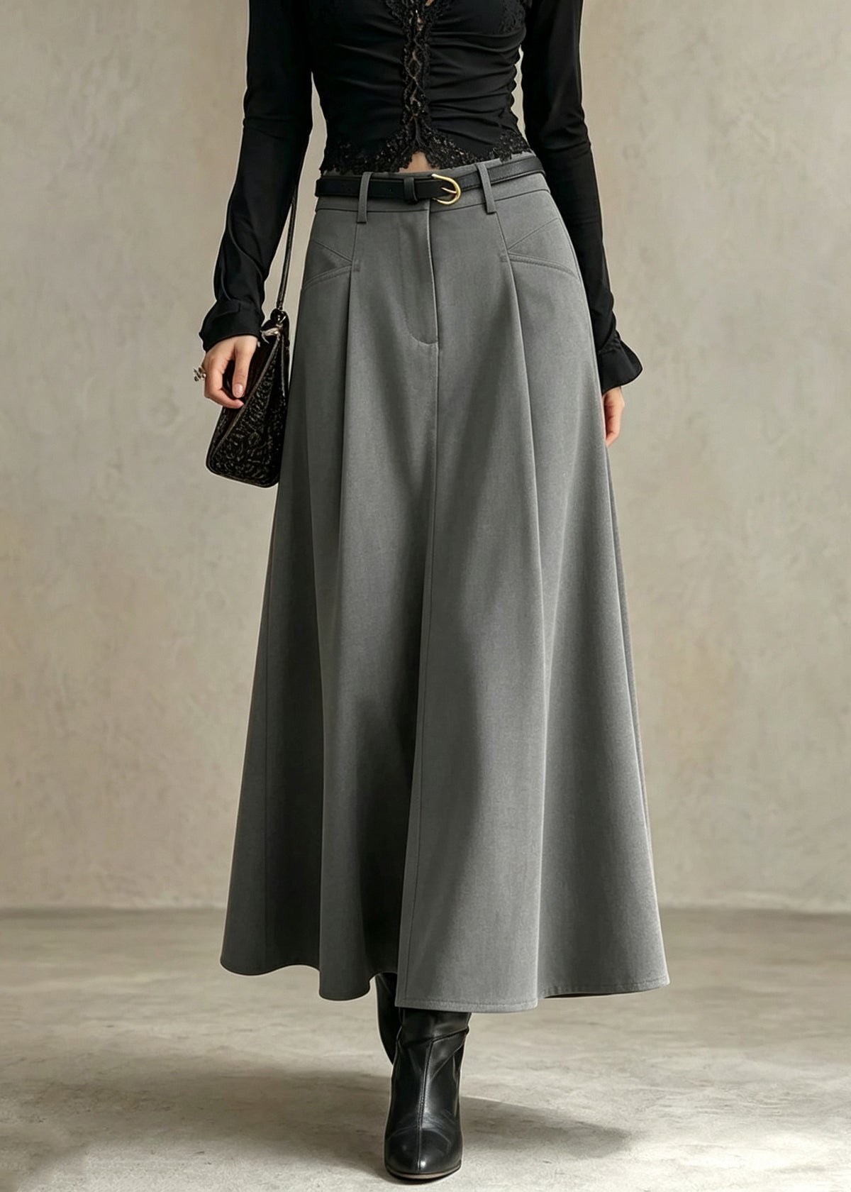 Elegant Grey Pockets Patchwork High Waist Cotton Skirt Fall