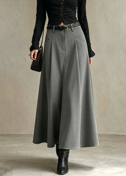 Elegant Grey Pockets Patchwork High Waist Cotton Skirt Fall