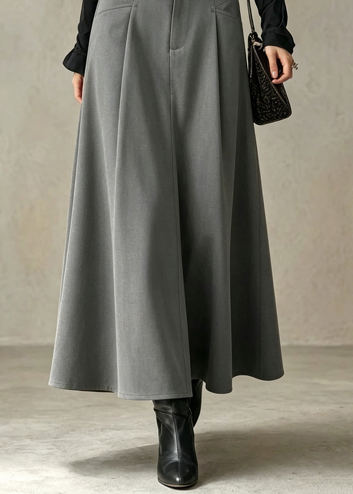 Elegant Grey Pockets Patchwork High Waist Cotton Skirt Fall