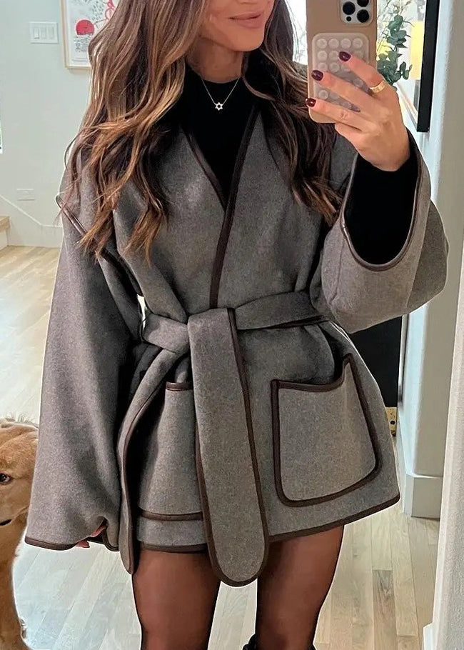 Elegant Grey Pockets Tie Waist Woolen Jacket Fall