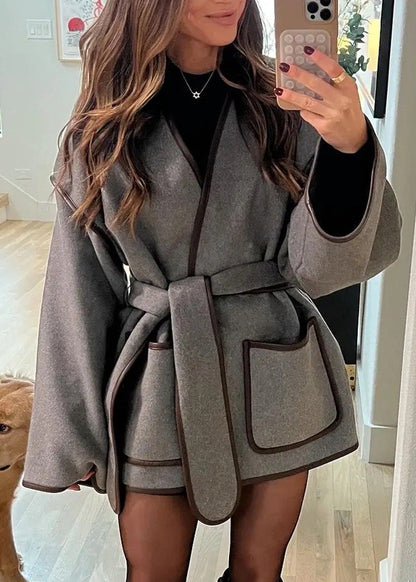 Elegant Grey Pockets Tie Waist Woolen Jacket Fall