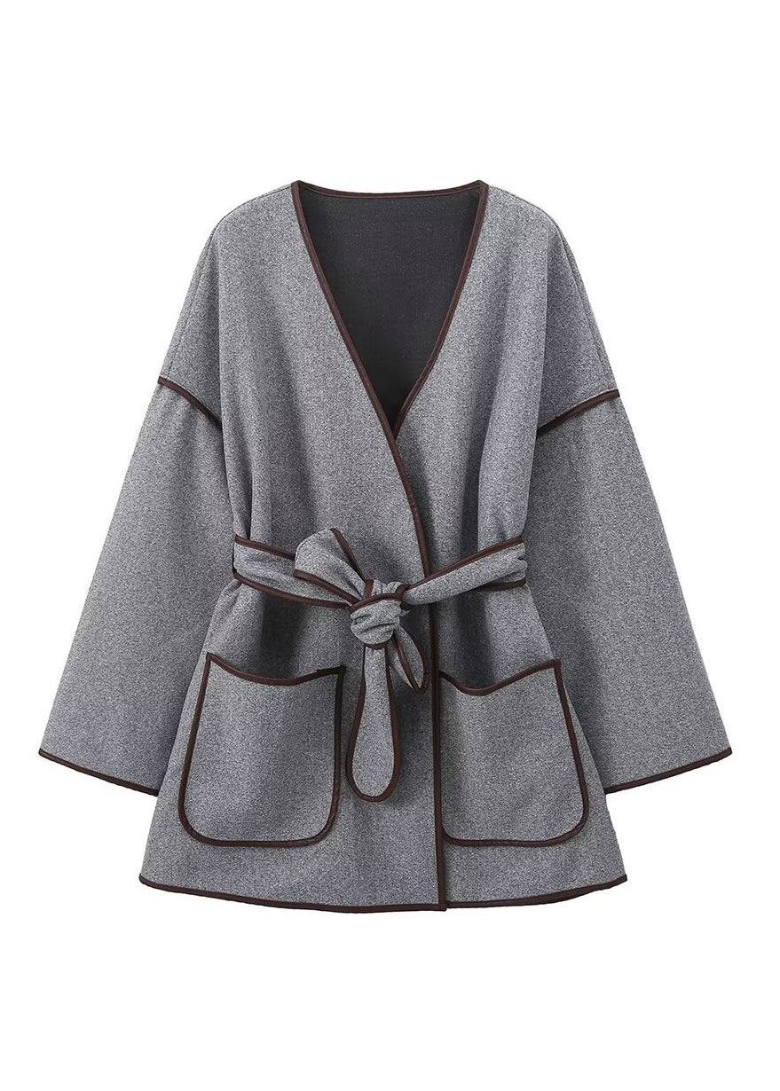 Elegant Grey Pockets Tie Waist Woolen Jacket Fall