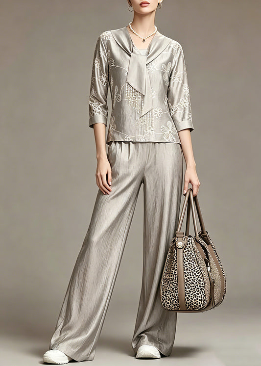 Elegant Grey Print Top And Wide Leg Pants Two Piece Set Spring