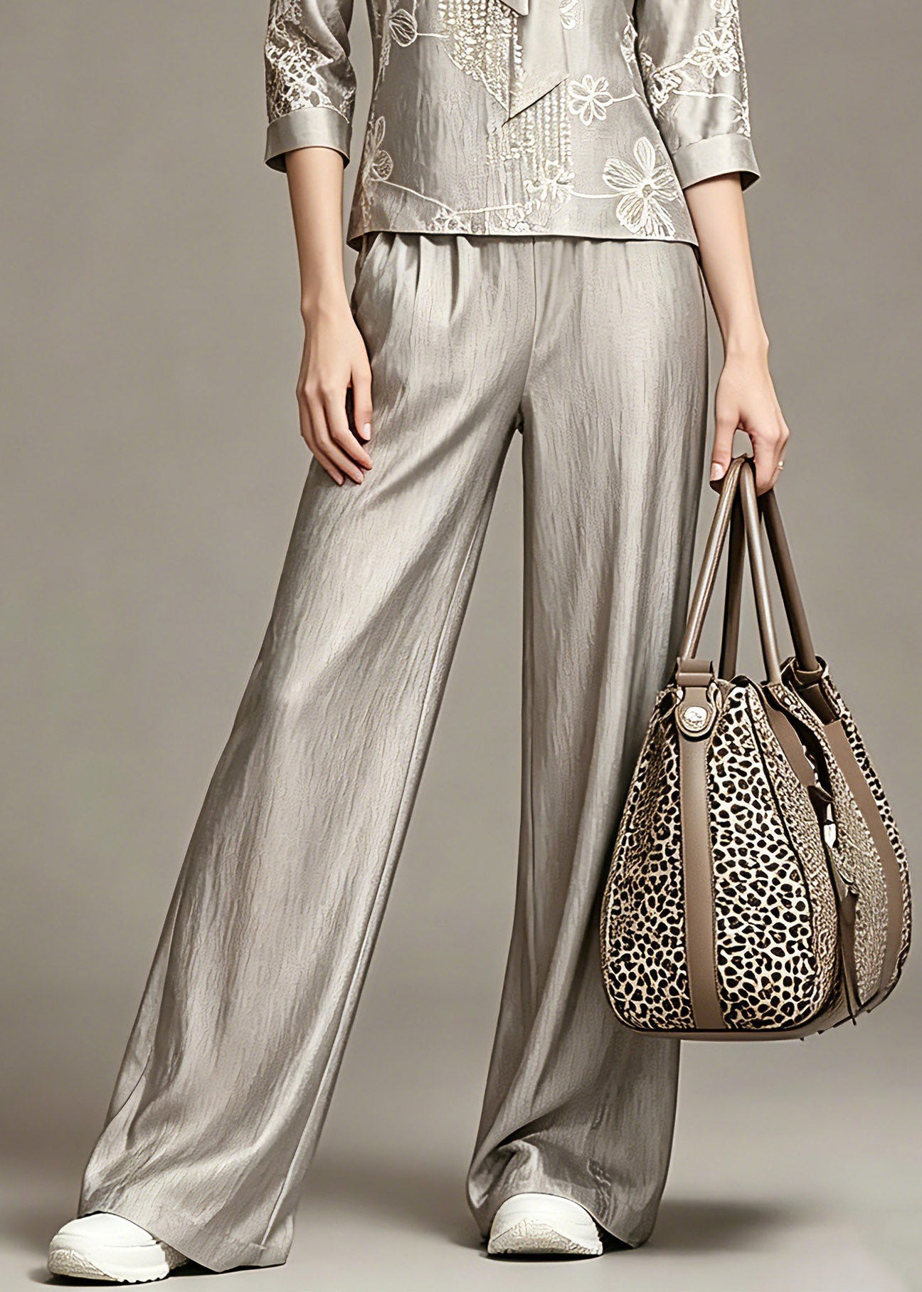 Elegant Grey Print Top And Wide Leg Pants Two Piece Set Spring