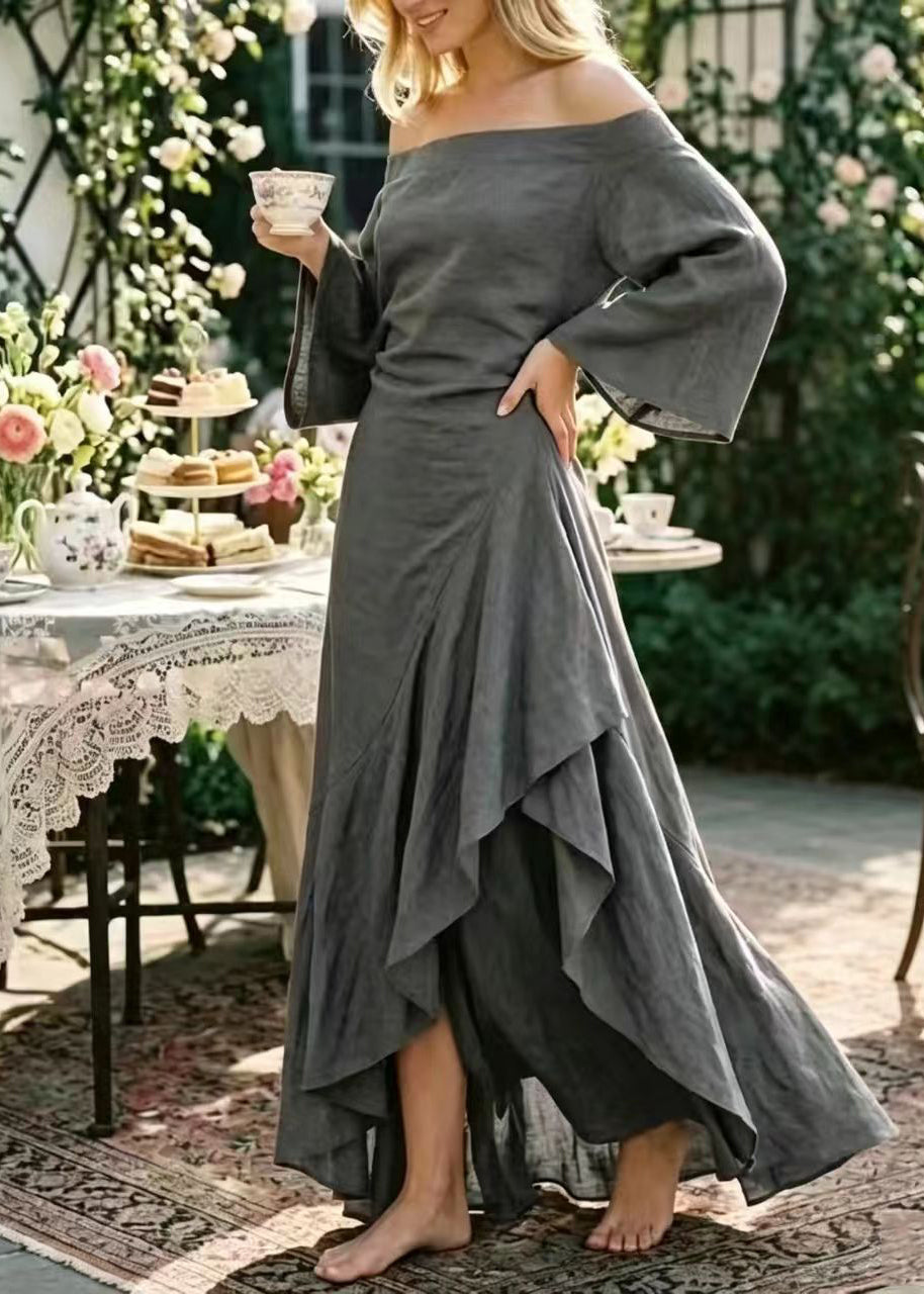 Elegant Grey Slash Neck Asymmetrical Holiday Dress Bracelet Sleeve