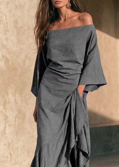 Elegant Grey Slash Neck Asymmetrical Holiday Dress Bracelet Sleeve