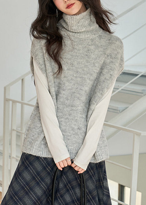 Elegant Grey Turtleneck Cotton Knit Waistcoat Short Sleeve