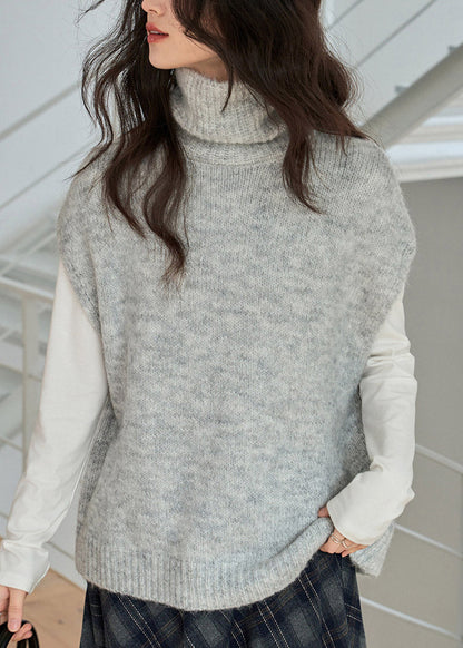 Elegant Grey Turtleneck Cotton Knit Waistcoat Short Sleeve